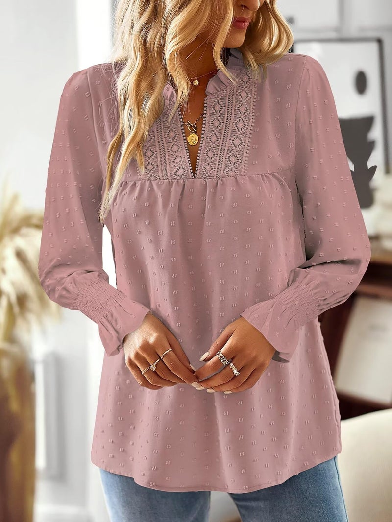 Falechay V Neck Womens Shirts Crochet Boho Western Tops for Women Trendy Flowy Long Sleeves Bohemian Blouses Elegant Ruffle Sleeve Swiss Dot Shirt Cute Teacher Top Lace Edges Pink Blouse S - Image 5