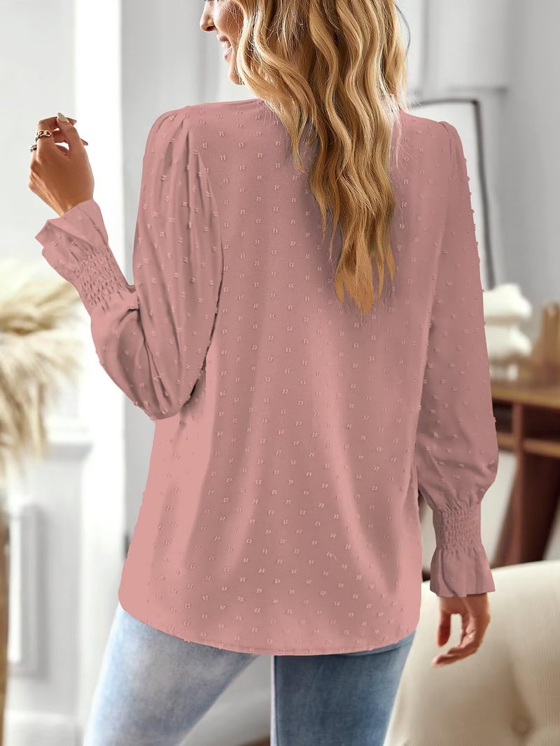 Falechay V Neck Womens Shirts Crochet Boho Western Tops for Women Trendy Flowy Long Sleeves Bohemian Blouses Elegant Ruffle Sleeve Swiss Dot Shirt Cute Teacher Top Lace Edges Pink Blouse S - Image 3