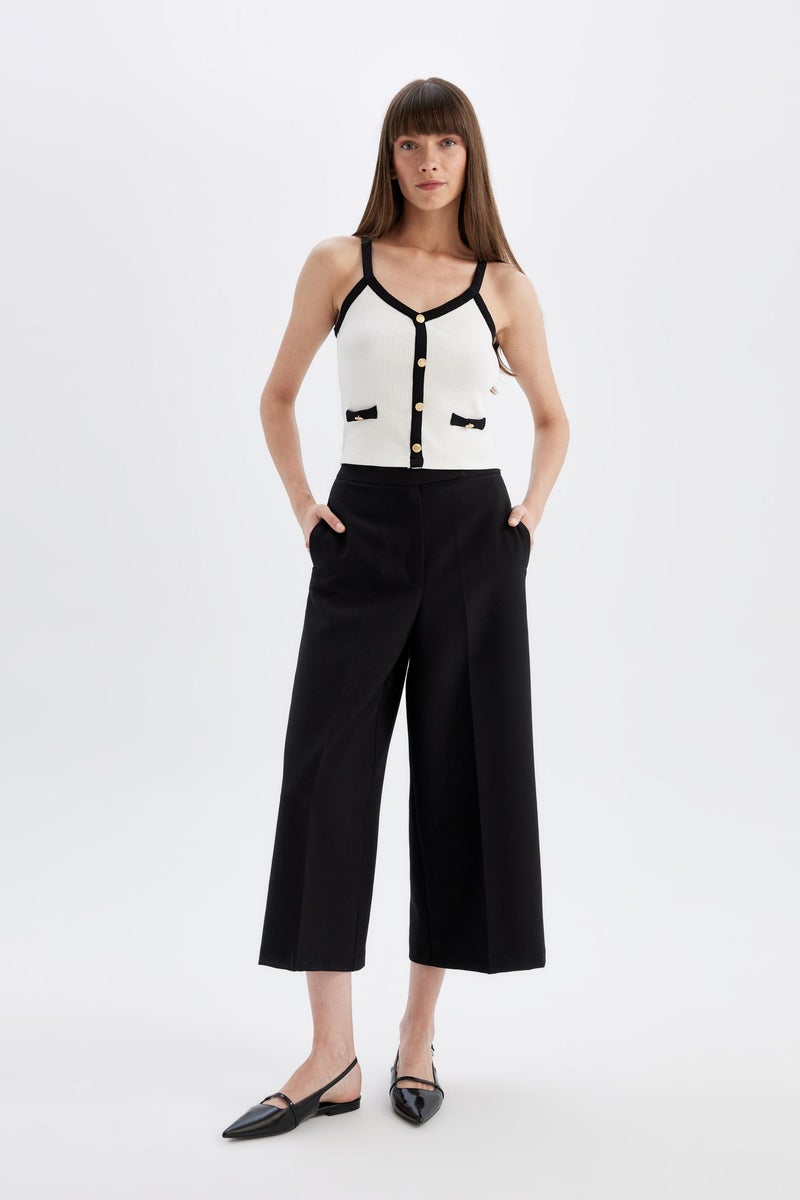 Woman Culotte Basic Normal Waist Wide Leg Classic Black Chino Pants