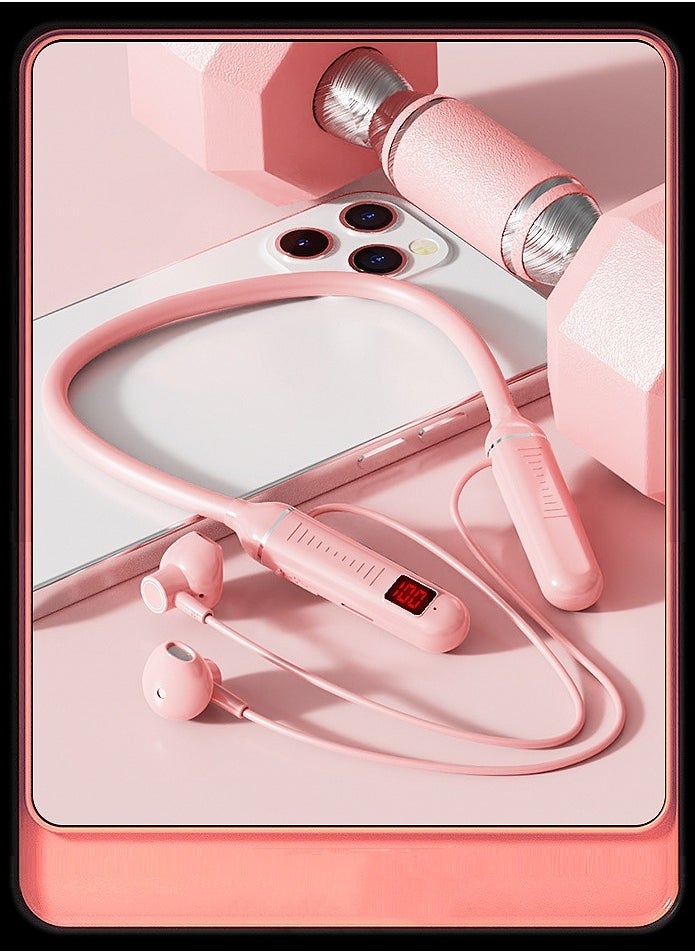 Generic New neck-mounted wireless Bluetooth headset with digital display and ultra-long standby in-ear wireless sports headset (Cherry blossom powder)  - Image 1