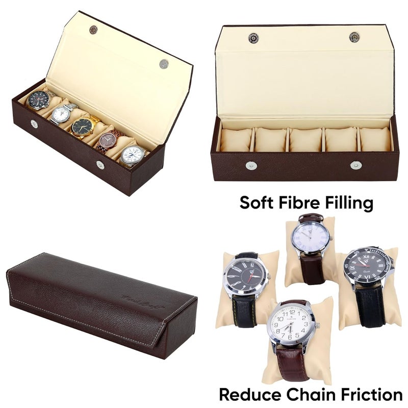 Hard Craft Watch Organizer Holder Jewelry Accessories Display Storage Case Watch Organiser Collection Box 5 Slots In PU Leather For Men Women Rust Color - Image 3