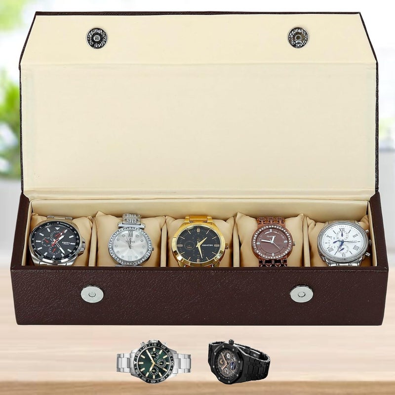 Hard Craft Watch Organizer Holder Jewelry Accessories Display Storage Case Watch Organiser Collection Box 5 Slots In PU Leather For Men Women Rust Color - Image 1