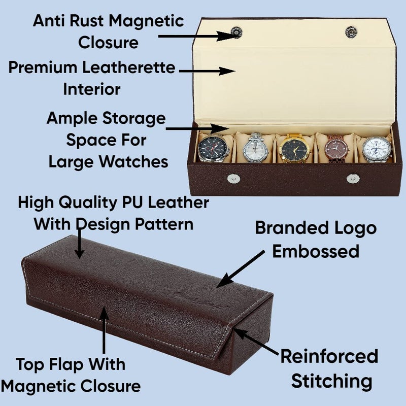 Hard Craft Watch Organizer Holder Jewelry Accessories Display Storage Case Watch Organiser Collection Box 5 Slots In PU Leather For Men Women Rust Color - Image 4