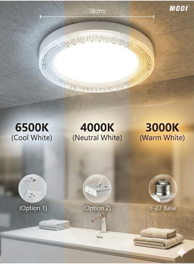 MODI Bright 24W, 18cm LED Ceiling Light with E27 Connector (Easy Screw-in), 18cm 3-Color Changing Round Lamp, Flicker-Free Replacement for Old Bulbs in Kitchen, Bathroom & Hallway - Image 1