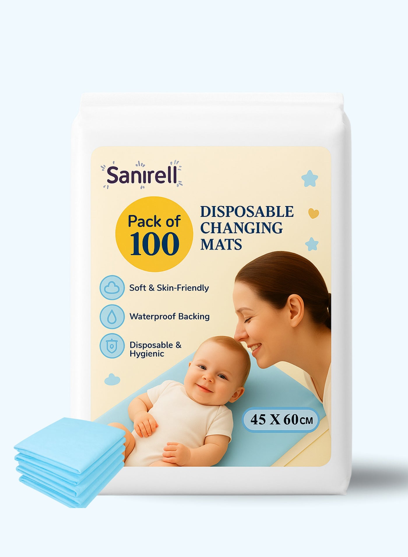 100-Pack Ultra-Absorbent Disposable Changing Mat Baby 45x60 Cm, Ultra Soft & Leak-Proof Baby Changing Mat for Baby & Toddlers, Waterproof Travel Changing Sheets for Home & Outdoor Use - Blue