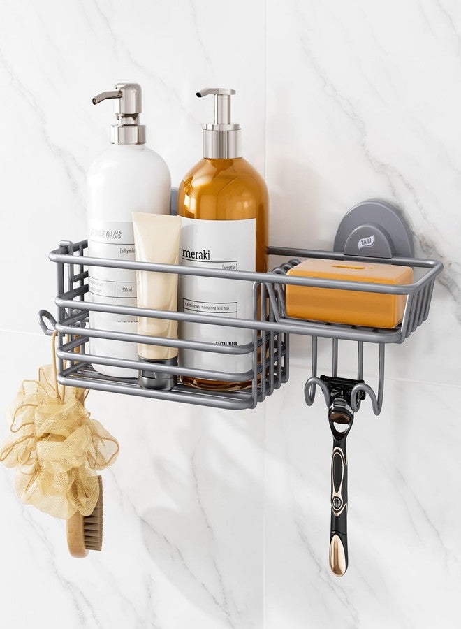 TAILI Shower Caddy Suction Cup with Hooks & Soap Holder, Heavy Duty Bathroom Shower Organizer, No Drilling Shower Shelves for Inside Bathroom, Metal Storage Holder-Grey - Image 1