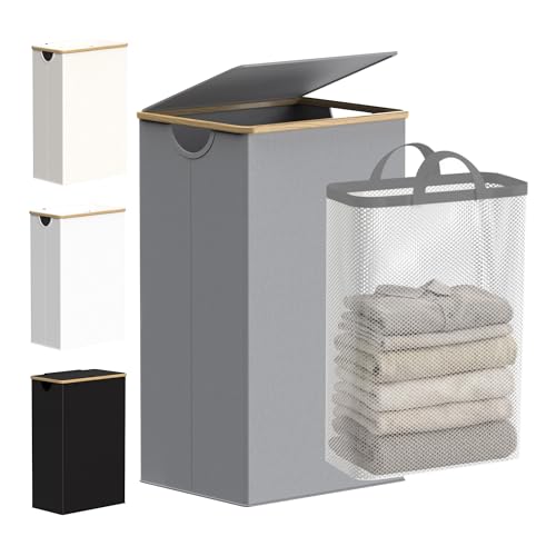 efluky Laundry Basket with Lid and Removable Bag 100L Tall Laundry Hamper with Bamboo Handles Aesthetic Dirty Clothes Bin for Laundry Room Bathroom Bedroom and Dorm Silver Grey - Image 1