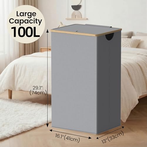 efluky Laundry Basket with Lid and Removable Bag 100L Tall Laundry Hamper with Bamboo Handles Aesthetic Dirty Clothes Bin for Laundry Room Bathroom Bedroom and Dorm Silver Grey - Image 3