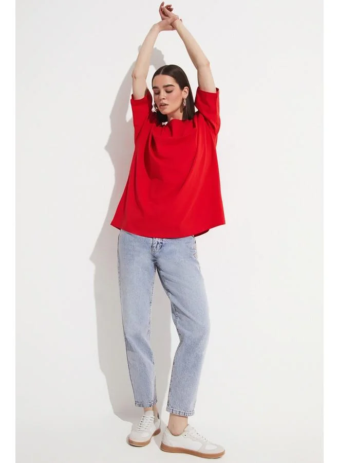 JUNE June 100% Cotton Loose Fit Crew Neck Tshirt Red