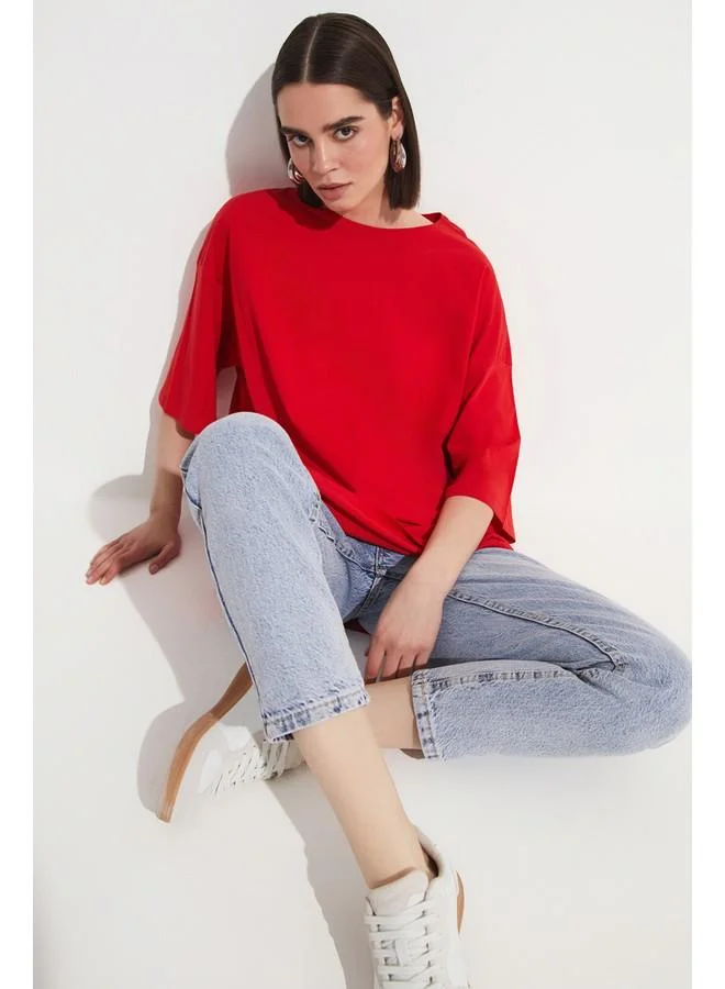 JUNE June 100% Cotton Loose Fit Crew Neck Tshirt Red
