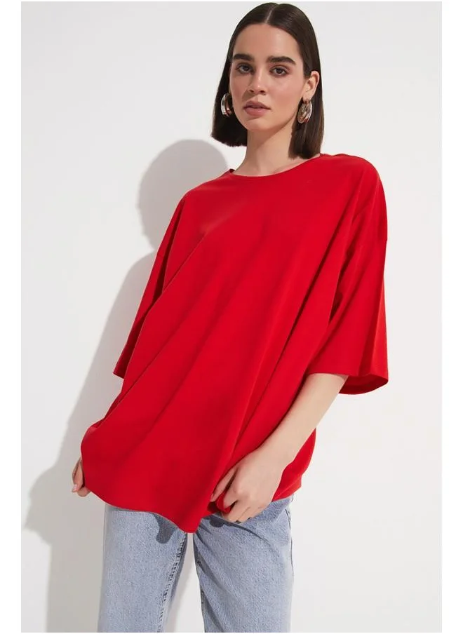 جون June 100% Cotton Loose Fit Crew Neck Tshirt Red