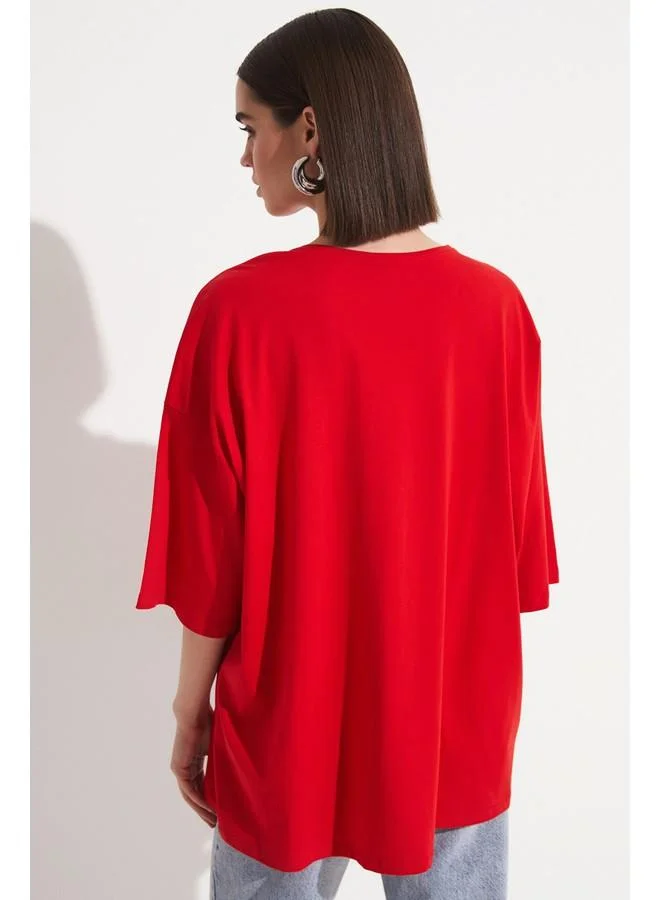 JUNE June 100% Cotton Loose Fit Crew Neck Tshirt Red