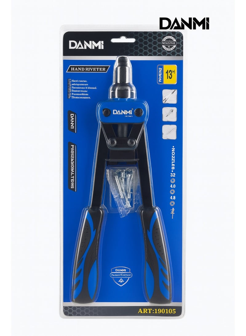 DANMI 13-Inch Hand Riveter – Heavy-Duty Manual Riveting Tool with Multiple Nozzles (3.2/4.0/4.8 mm) – Comfortable Grip (ART: 190105) - Image 3