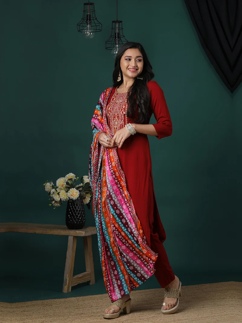 globus Women Floral Embroidered Regular Thread Work Kurta With Trousers & With Dupatta