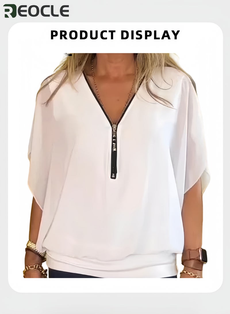 ريوكل بلوزة نسائية برقبة على شكل V بأكمام واسعة سحاب أمامي تصميم فضفاض مريحة وعملية قميص شيفون خفيف مناسب للعمل اليومي - Image 4