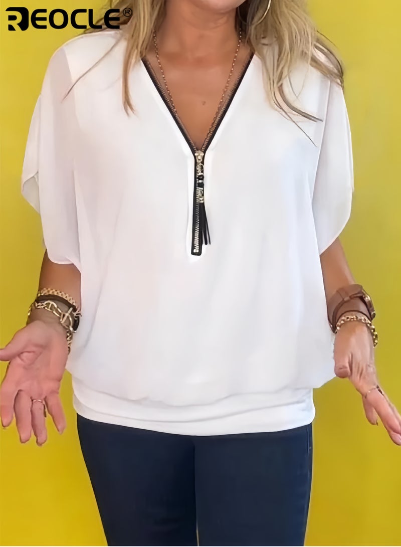 ريوكل بلوزة نسائية برقبة على شكل V بأكمام واسعة سحاب أمامي تصميم فضفاض مريحة وعملية قميص شيفون خفيف مناسب للعمل اليومي - Image 3