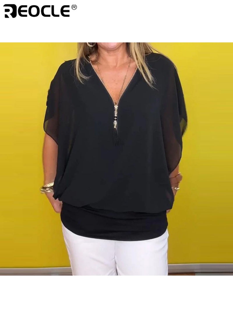 ريوكل بلوزة نسائية برقبة على شكل V بأكمام واسعة سحاب أمامي تصميم فضفاض مريحة وعملية قميص شيفون خفيف مناسب للعمل اليومي - Image 1
