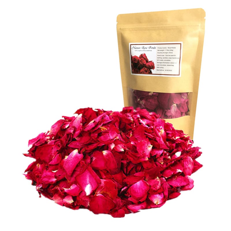 DoraMagic Dried Red Rose Petals 1.75oz/50g, Real Natural Dried Rose Petals for Bath, Soap Making, Candle Making, Wedding, Confetti, DIY Crafts, Non Edible (Red) - Image 1