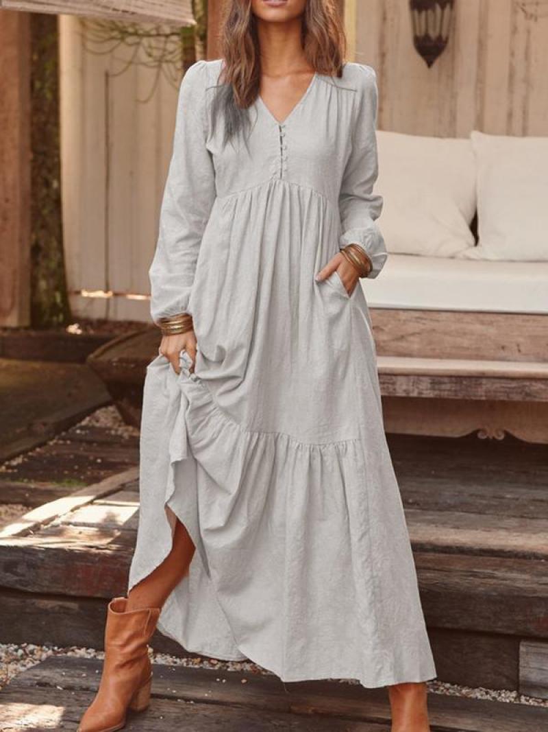2022 autumn and winter European and American foreign trade women's clothing button cotton and linen retro casual long-sleeved dress large swing long skirt multicolor Navyblue L - Image 3