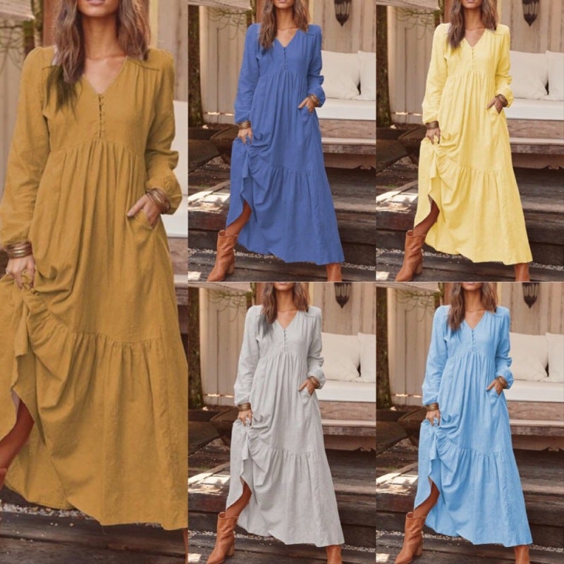 2022 autumn and winter European and American foreign trade women's clothing button cotton and linen retro casual long-sleeved dress large swing long skirt multicolor Navyblue L - Image 2