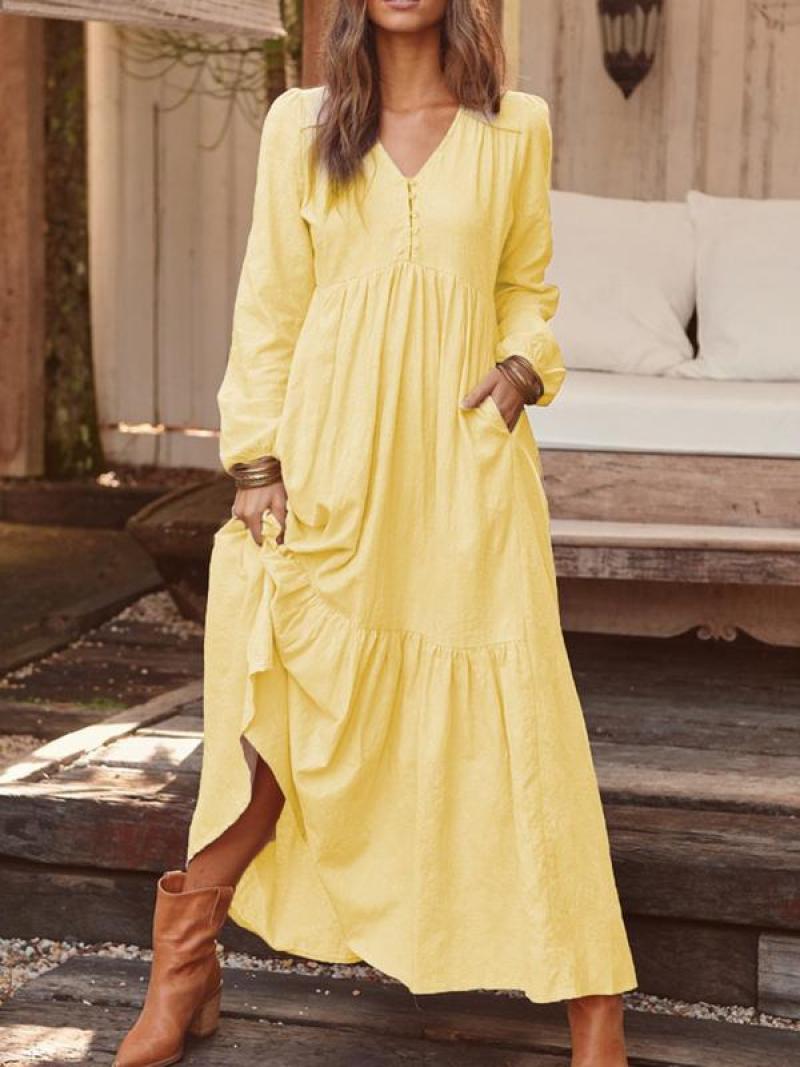 2022 autumn and winter European and American foreign trade women's clothing button cotton and linen retro casual long-sleeved dress large swing long skirt multicolor Navyblue L - Image 4