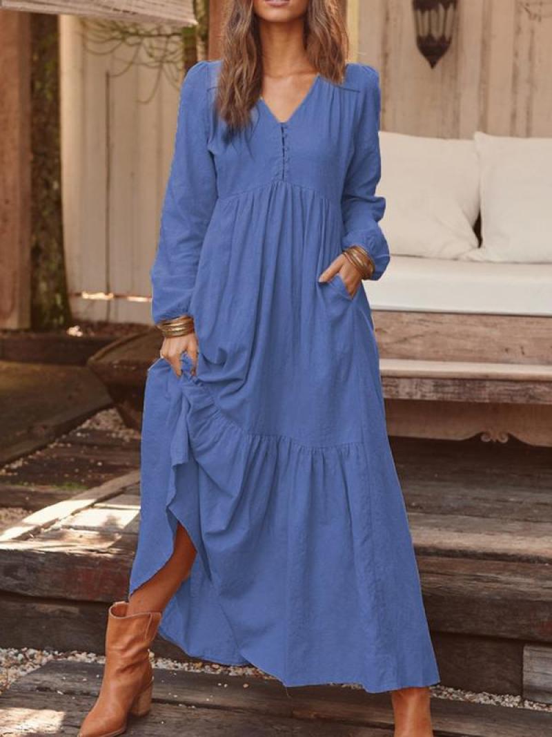 2022 autumn and winter European and American foreign trade women's clothing button cotton and linen retro casual long-sleeved dress large swing long skirt multicolor Navyblue L - Image 1
