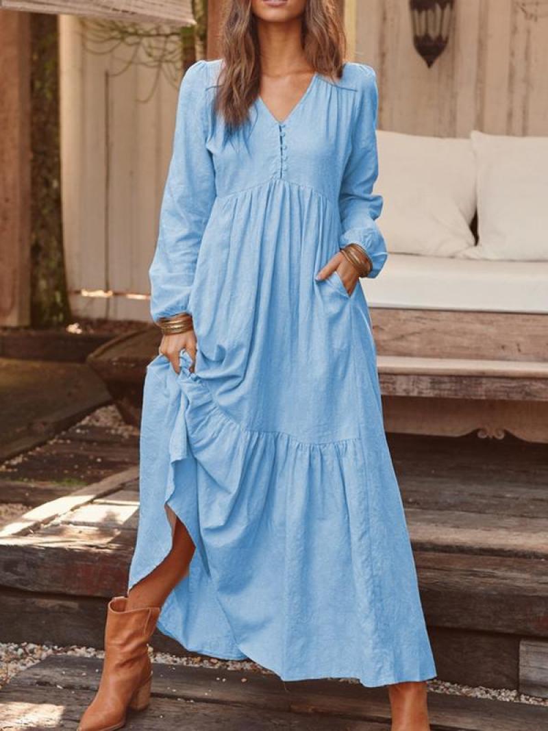 2022 autumn and winter European and American foreign trade women's clothing button cotton and linen retro casual long-sleeved dress large swing long skirt multicolor Navyblue L - Image 5