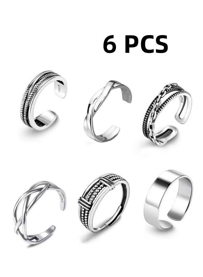 Open Adjustable Rings Set Unisex Stacking Ring Stackable Jewelry Gift Finger Rings for Women Men Girls Boys 6pcs Silver - Image 1