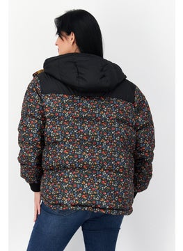 Eddie Bauer Women Flora Print Hood With Drawstring Quilted Jacket, Black Combo  - Image 3