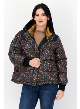 Eddie Bauer Women Flora Print Hood With Drawstring Quilted Jacket, Black Combo  - Image 1