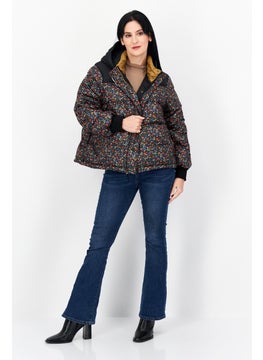 Eddie Bauer Women Flora Print Hood With Drawstring Quilted Jacket, Black Combo  - Image 4