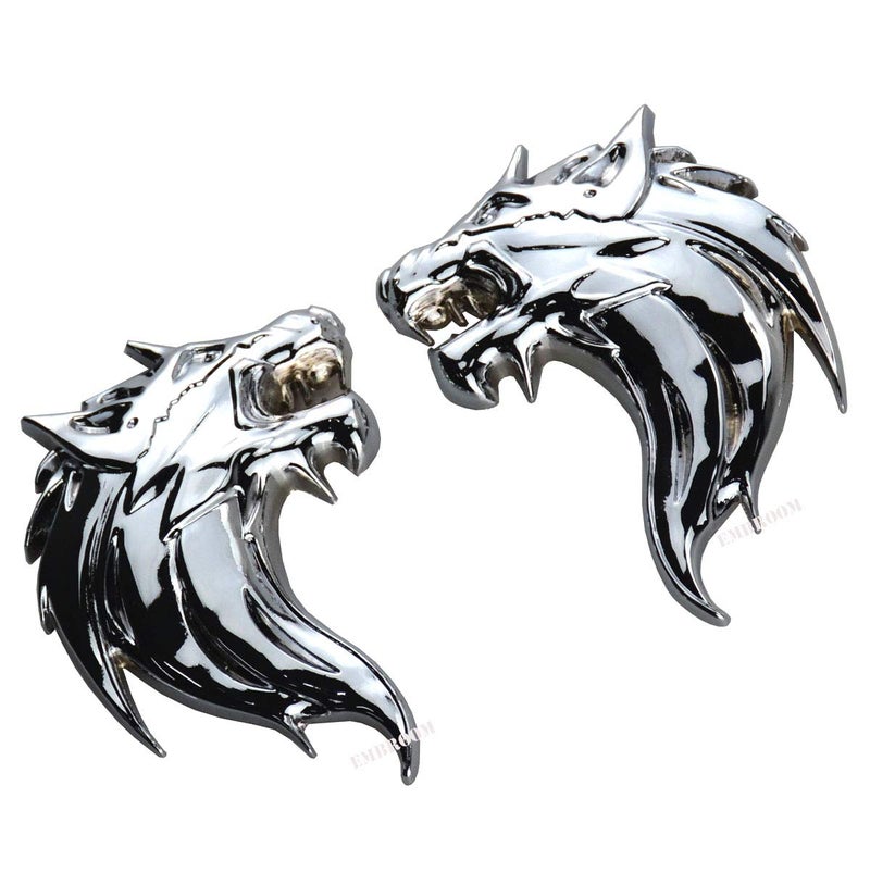 2Pcs Wolf Head 3D Metal Car Side Fender Rear Trunk Emblem Badge Sticker Decals for Mustang Chevrolet Chrome