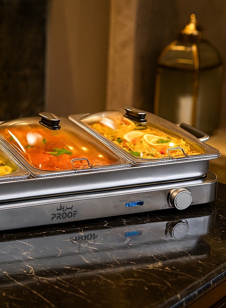 برووف سخان طعام كهربائي 450 واط من الستانلس ستيل – بتصميم أنيق وجذاب مع 3 أوعية للتسخين والحفظ وتحكم حراري. 3×2.5 لتر لكل خانة ووعاء استيل ماء داخلي للتسخين غير المباشر 8 لتر، مثالي للبوفيهات، الحفلات، المطاعم، وتقديم الأطعمة الفاخرة. - Image 1