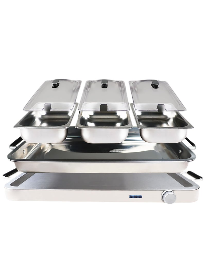برووف سخان طعام كهربائي 450 واط من الستانلس ستيل – بتصميم أنيق وجذاب مع 3 أوعية للتسخين والحفظ وتحكم حراري. 3×2.5 لتر لكل خانة ووعاء استيل ماء داخلي للتسخين غير المباشر 8 لتر، مثالي للبوفيهات، الحفلات، المطاعم، وتقديم الأطعمة الفاخرة. - Image 5