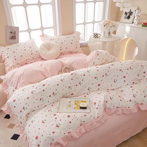 MKXI Strawberry Print Comforter Set - Pink and White Ruffled Bedding with Floral Accents, Soft Microfiber, 3-Piece Queen Size, Lightweight and Cozy for Kids, Teens, and Adults - Image 5
