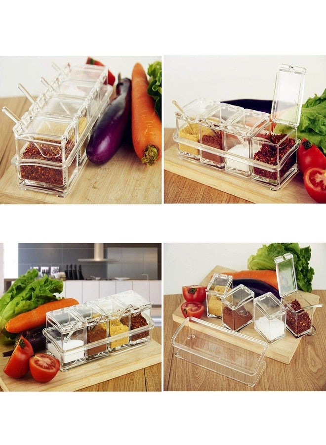 Onmall Seasoning Box Acrylic Transparent Indian Spice Container with 4 Pocket Container 4 Spoon and 1 Stand Pepper Salt Spice Kitchen Dining Masala Storage - Image 5