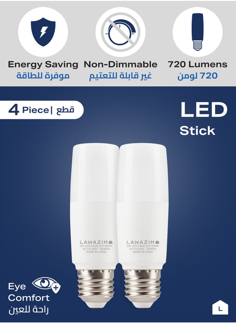 LAWAZIM 9W LED Stick E27 - 4 Piece 6500K Daylight - Energy Saving 55W Equivalent Non-Dimmable Lightbulbs with 720 Lumens and a Lifespan of 15,000 Hours - for Wall Sconces, Desk Lamps, and Garage Use  - Image 3