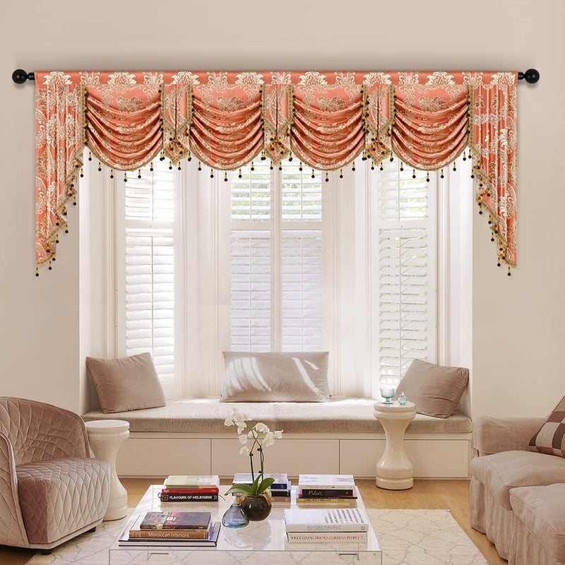 ELKCA ELKCA European Style Waterfall Valance for Bedroom Damask Coffee Curtain Valance for Living Room Jacquard CurtainsRod Pocket1 Panel DamaskCoffee W118 