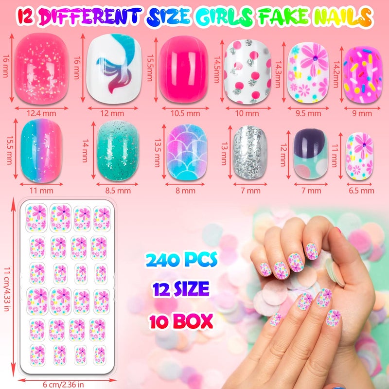 JOAOYO 240 Pieces Press on Nails Girls Fake Nails for Kids Artificial Kids Press on Nails Full Cover Short Acrylic Stick On Nails False Nail Tips Kit for Children Little Girls Nail Art Decoration - Image 2
