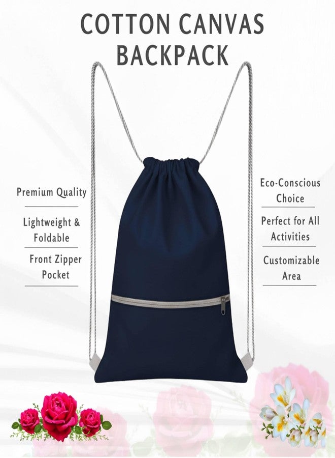 Lify Cotton Canvas Drawstring Backpack with Zippered Pockets - Gym, Travel & Outdoor Cinch Sack for Men, Women & Kids (1 Piece) (Navy Blue) - Image 4