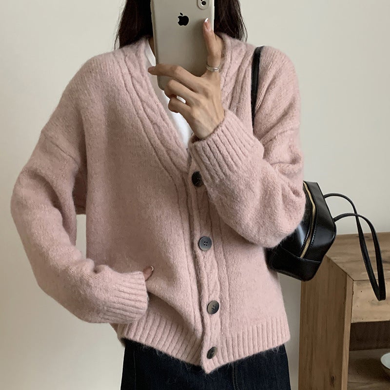 Korean Style Autumn and Winter New Lazy Style Sweater Knitted Sweater Jacket Fashion Stylish Loose Soft Waxy V-Neck Outer Wear Cardigan Lotus root starch follow the store for priority 