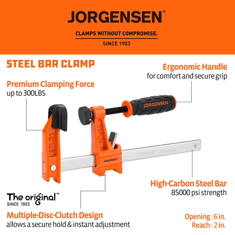 Jorgensen 6 inch Bar Clamp Set, 4 Pack Steel F Clamp Light Duty, 300 lbs Load Limited, for Woodworking, Metalworking, DIY - Image 2