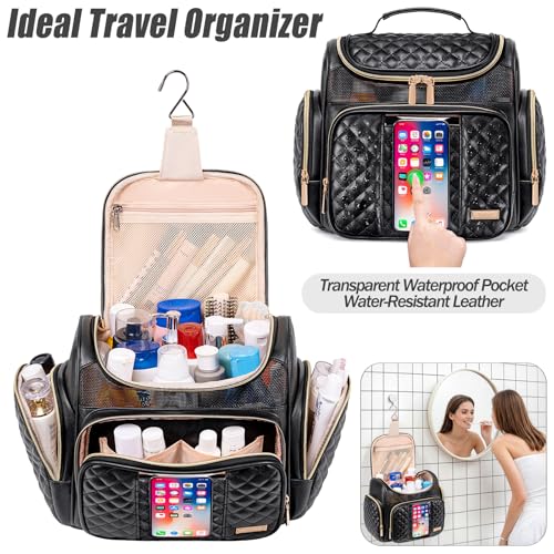 Tealari Large Leather Toiletry Bag for Women Men,Bathroom Bag,Water Resistant Shower Bag,Makeup Bag,Portable Shower Caddy for College Dorm,Hanging Travel Toiletry Bag with Transparent Waterproof Phone Pocket - Image 2