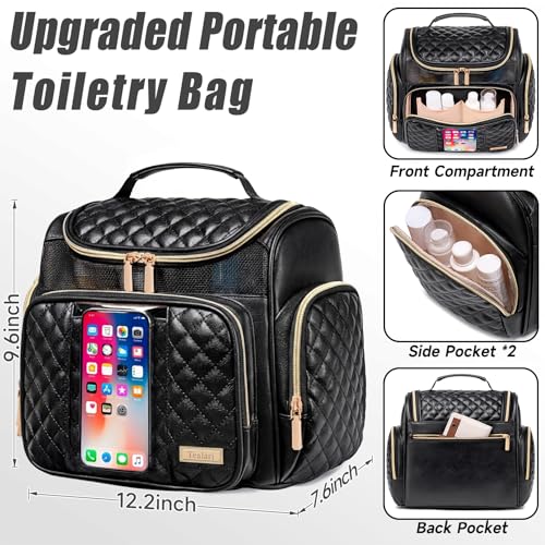Tealari Large Leather Toiletry Bag for Women Men,Bathroom Bag,Water Resistant Shower Bag,Makeup Bag,Portable Shower Caddy for College Dorm,Hanging Travel Toiletry Bag with Transparent Waterproof Phone Pocket - Image 4