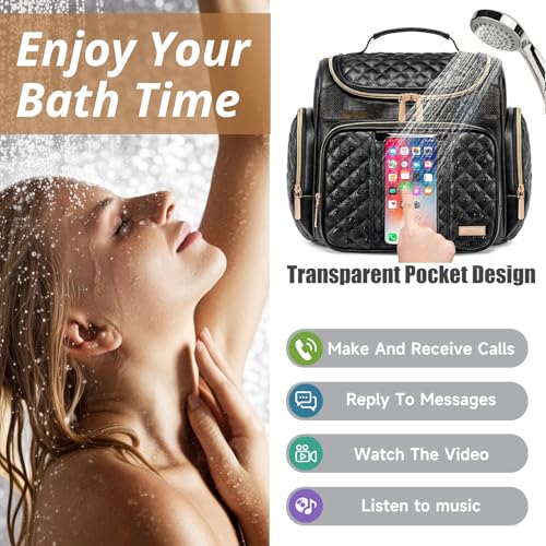Tealari Large Leather Toiletry Bag for Women Men,Bathroom Bag,Water Resistant Shower Bag,Makeup Bag,Portable Shower Caddy for College Dorm,Hanging Travel Toiletry Bag with Transparent Waterproof Phone Pocket - Image 3