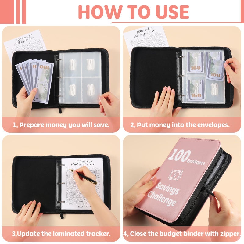 Pemocyny 100 Envelopes Money Saving Challenge Binder with Laminated Tracker, Money Saving Challenge Budget Binder with Cash Envelopes, Savings Challenge Book with Zippe to Save $5,050 - Image 5