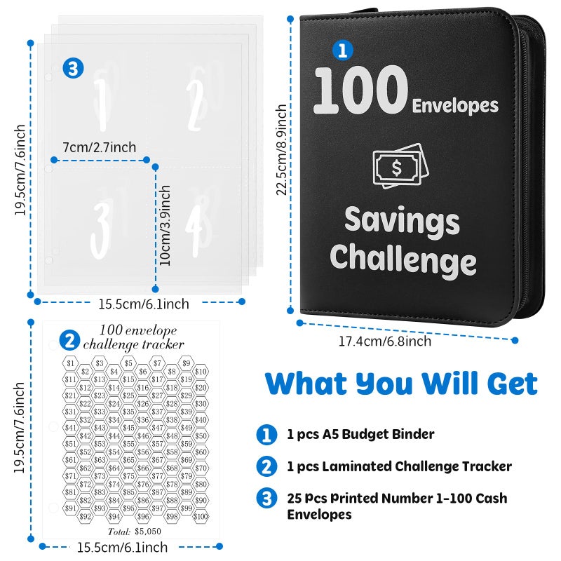 Pemocyny 100 Envelopes Money Saving Challenge Binder with Laminated Tracker, Money Saving Challenge Budget Binder with Cash Envelopes, Savings Challenge Book with Zippe to Save $5,050 - Image 2
