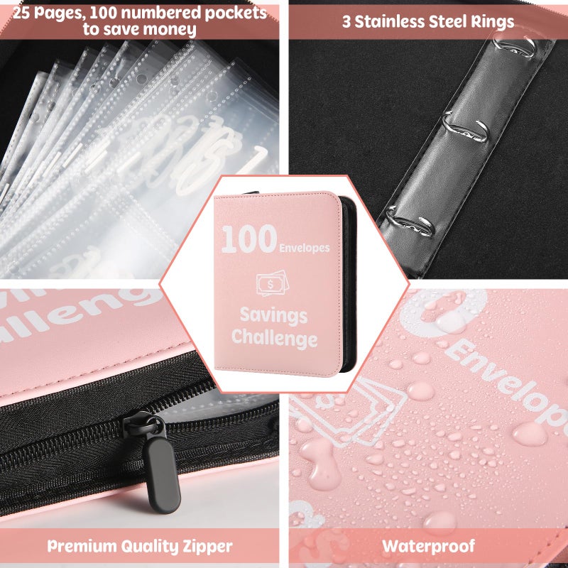 Pemocyny 100 Envelopes Money Saving Challenge Binder with Laminated Tracker, Money Saving Challenge Budget Binder with Cash Envelopes, Savings Challenge Book with Zippe to Save $5,050 - Image 3