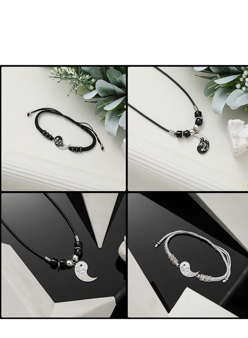 KASTWAVE Stainless Steel Yin Yang Pendant Necklace and Bracelet Set, 2 Pieces Dragon Yin Yang Adjustable Cord Bracelets, 2 Pieces Dragon Yin Yang Pendant Necklace Chains for Friendship Boyfriend Girlfriend - Image 2