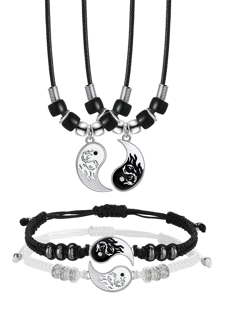KASTWAVE Stainless Steel Yin Yang Pendant Necklace and Bracelet Set, 2 Pieces Dragon Yin Yang Adjustable Cord Bracelets, 2 Pieces Dragon Yin Yang Pendant Necklace Chains for Friendship Boyfriend Girlfriend - Image 1